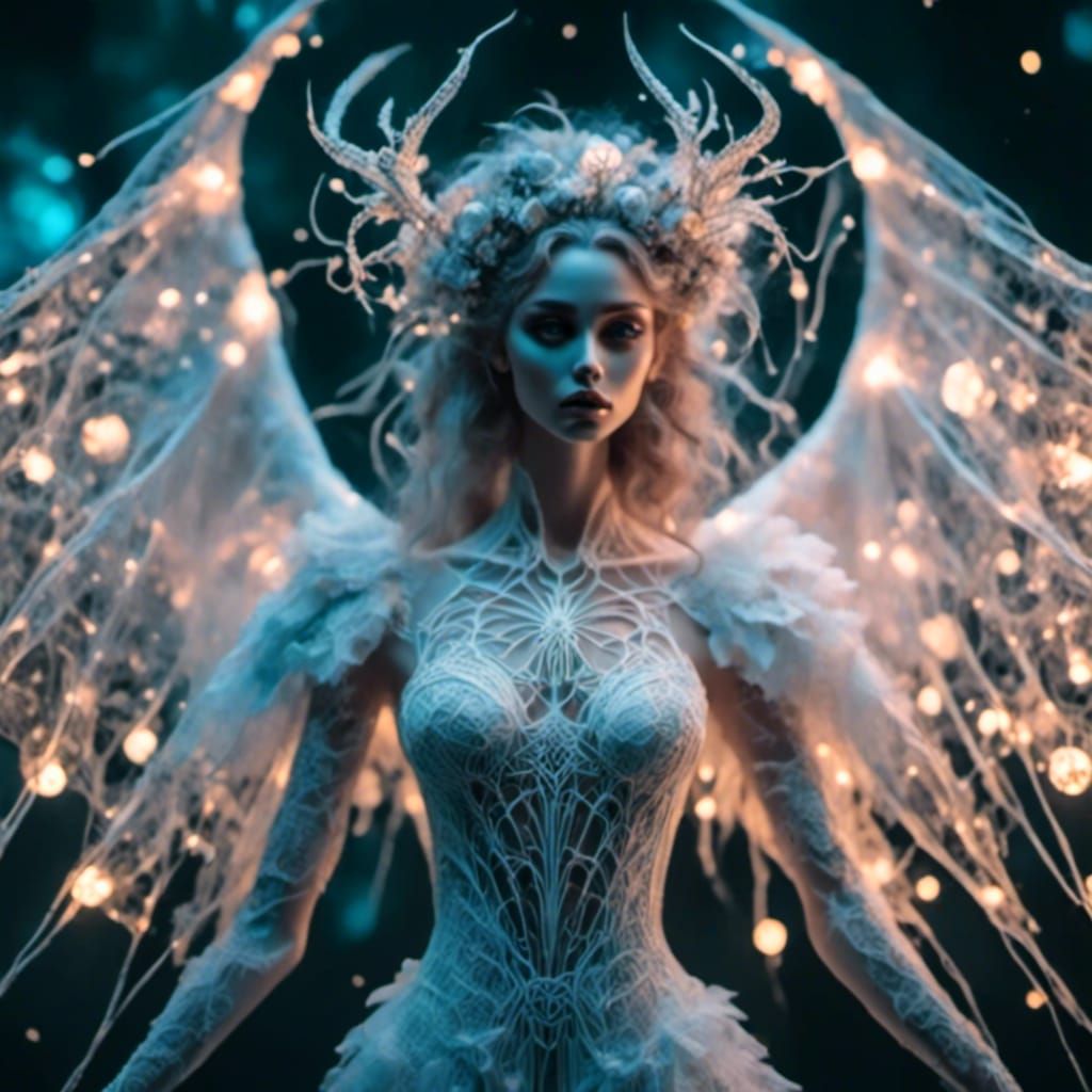 Intricate Angel Formed from White Spiderwebs