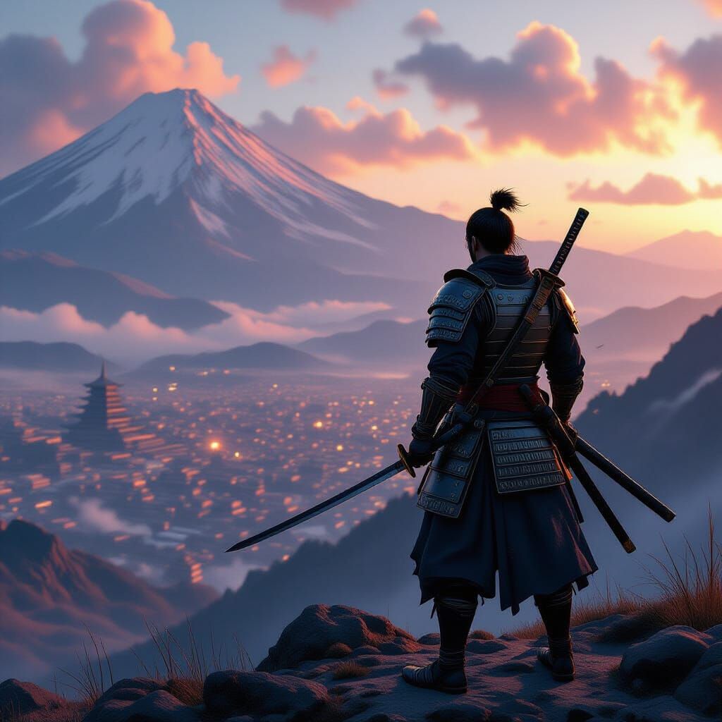 Samurai Warrior on Windswept Peak: Cinematic Battlefield Vie...