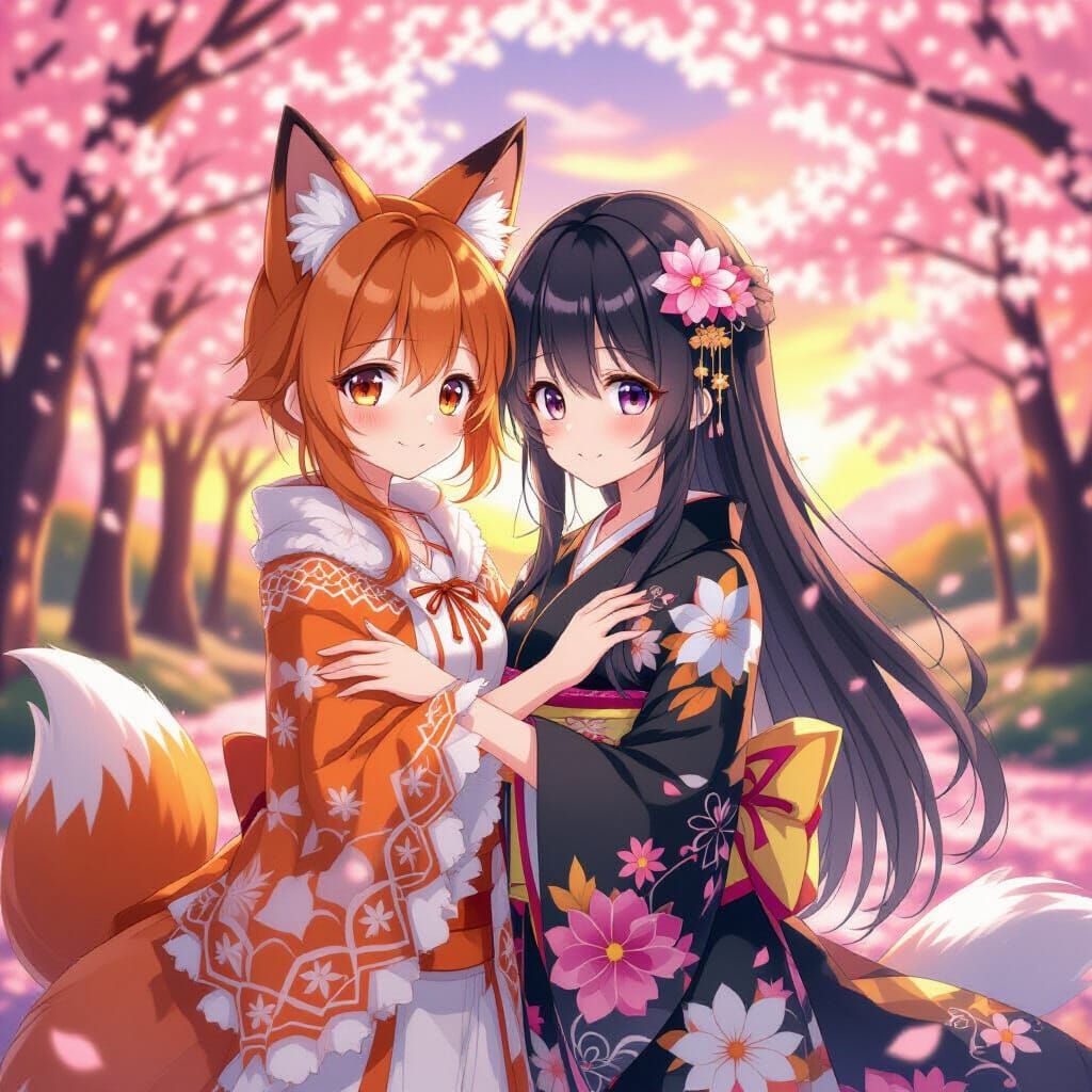Anime Fox Girl Hug in Cherry Blossom Forest