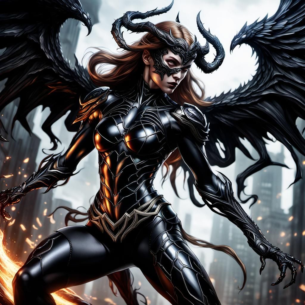 Angelic Warrior Girl with Symbiote in Fighting Stance