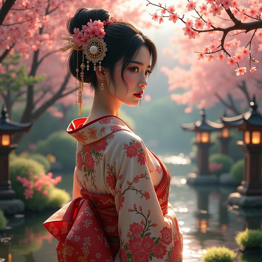 Elegant Japanese Woman in Kimono: Digital Matte Painting