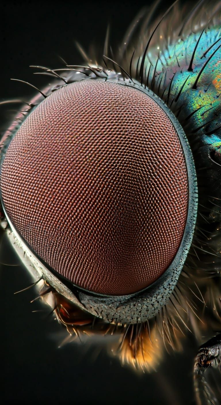 fly's compound eye at 200x magnification fills the frame, di...