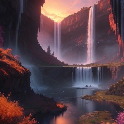 Fantastical Waterfall Sunset in Detailed Matte Painting