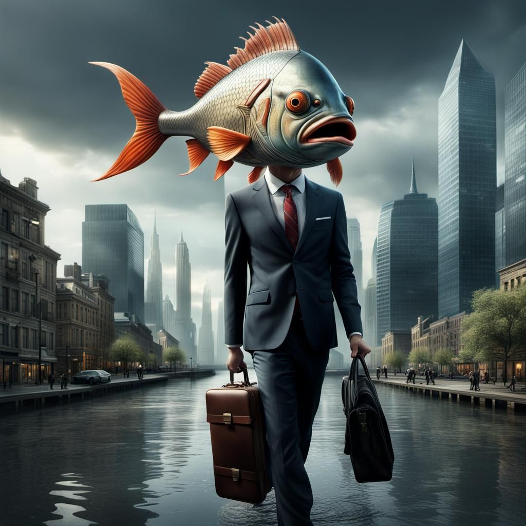 Fish-Headed Man Goes to Work in Cityscape
