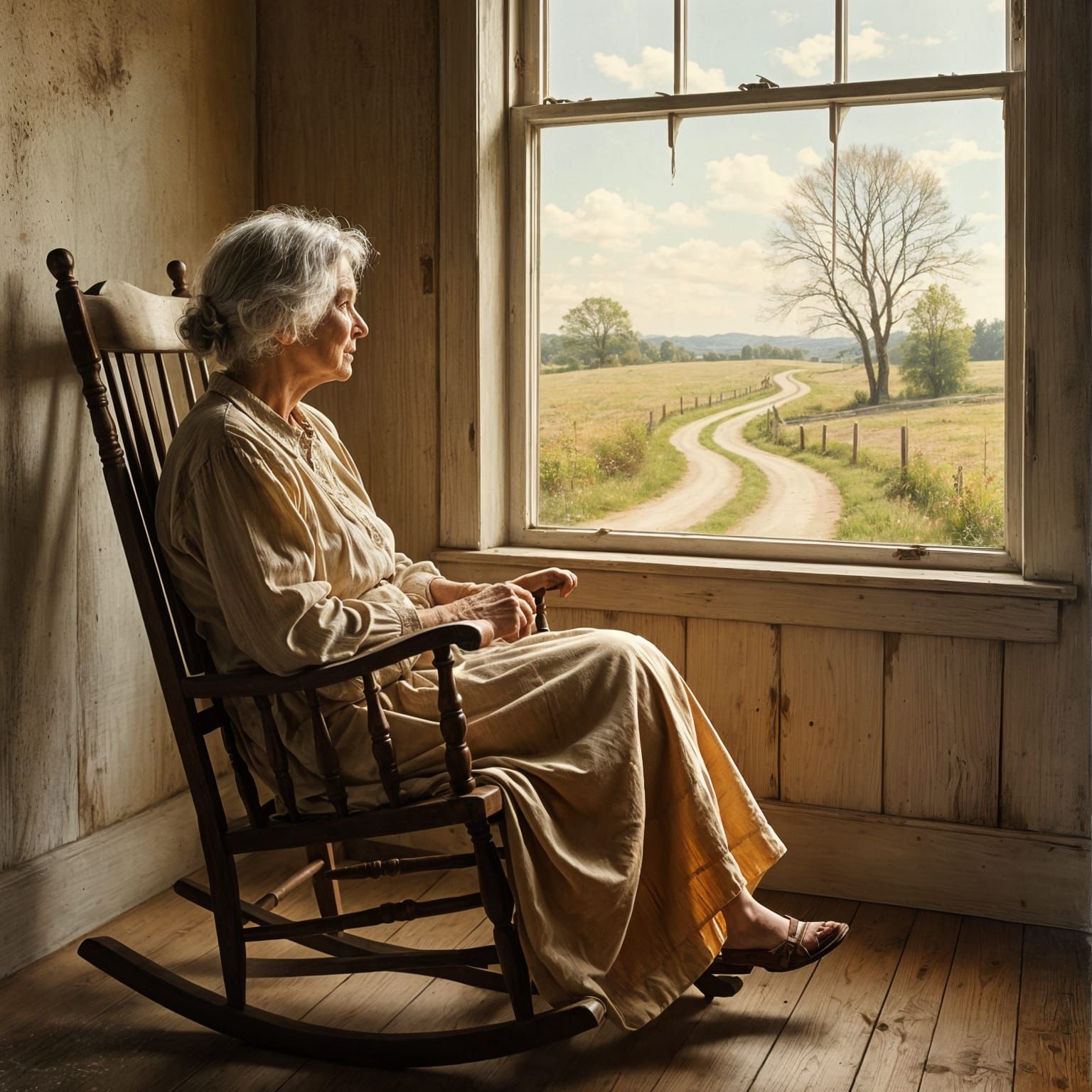 Impressionistic Old Woman Gazing Out Window