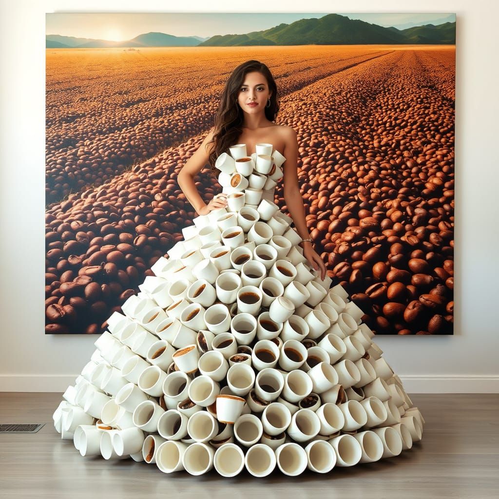 Woman in a Coffee Cup Ballgown in a Coffee Bean Art Gallery