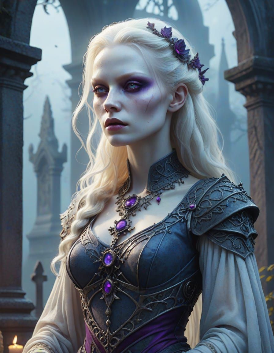 Albino Femme Fatale in Gothic Graveyard: Digital Painting