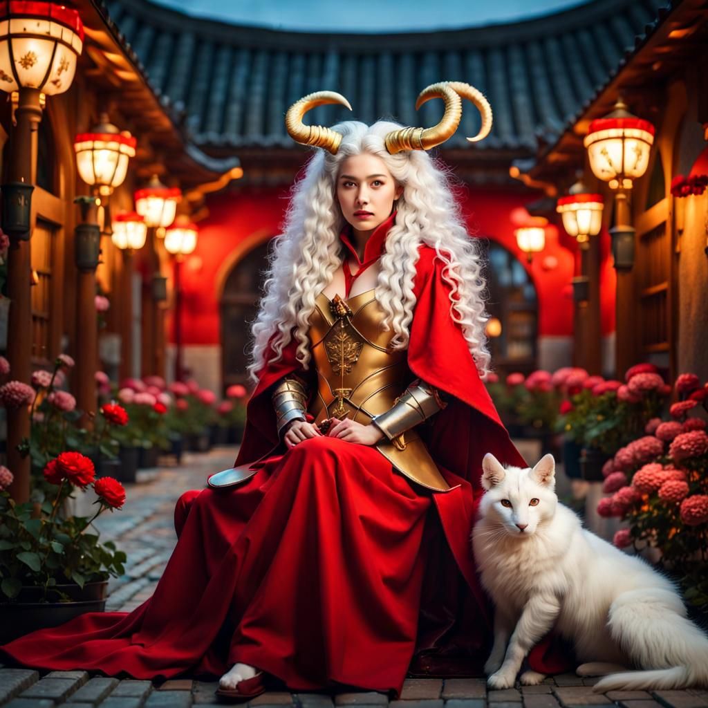 Fantasy Korean Woman with Golden Horns in Red Coat