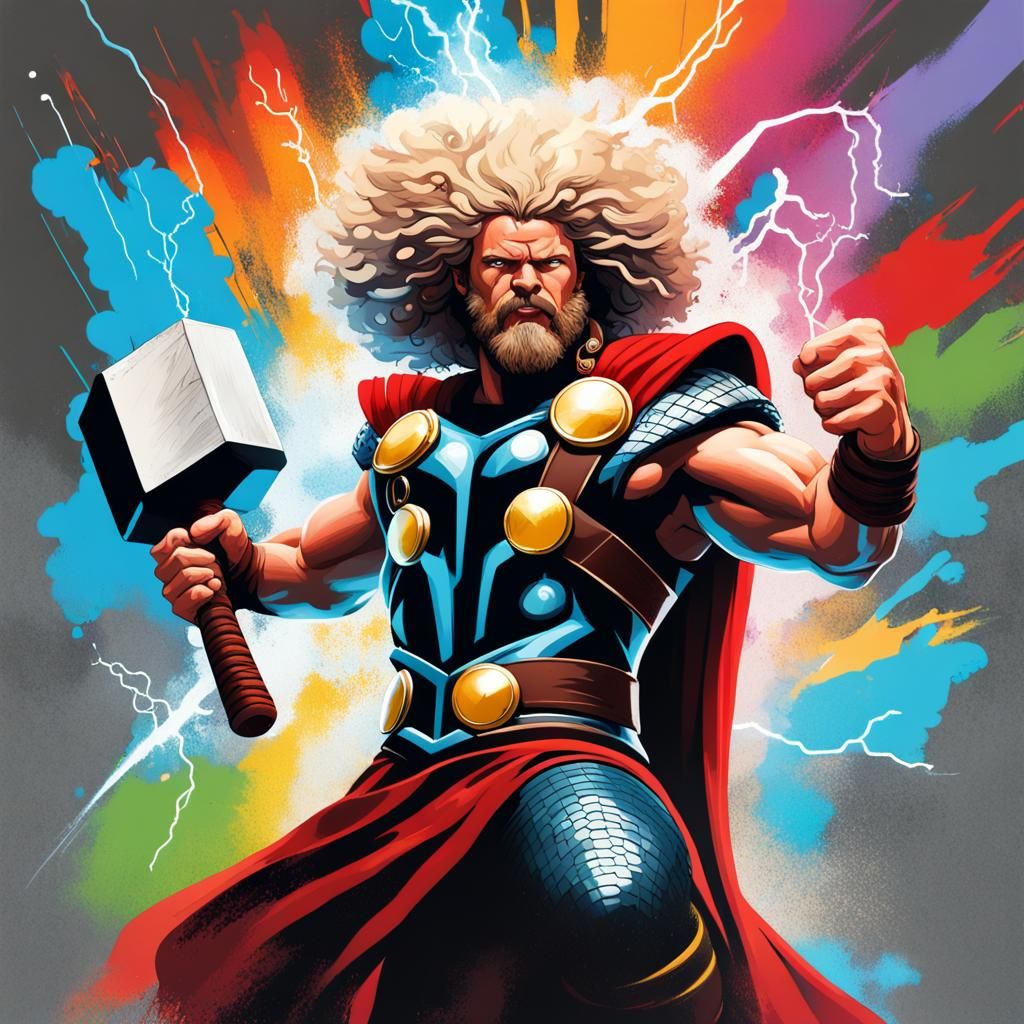 Thor with Afro, Graffiti Art, Spinning Mjolnir