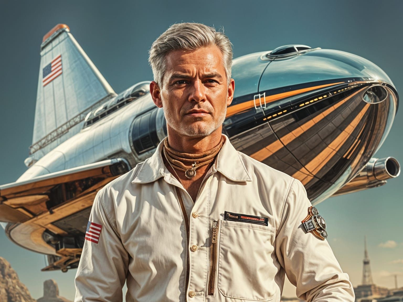 Atomic Age Retro Man in Spaceship, Pulp Illustration Style