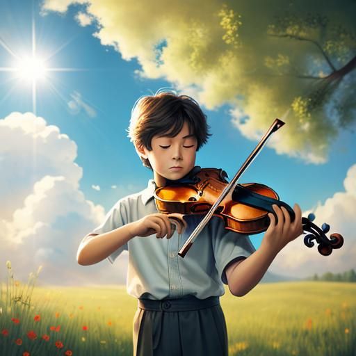 Boy Plays Violin in Divine Sunshine