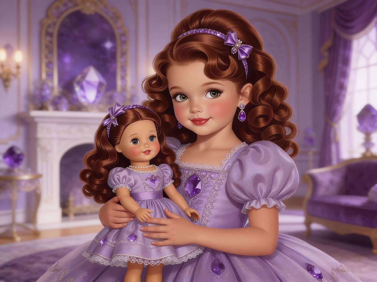Amethyst Opulence: A Girl and Doll in a Jewel-Toned Interior