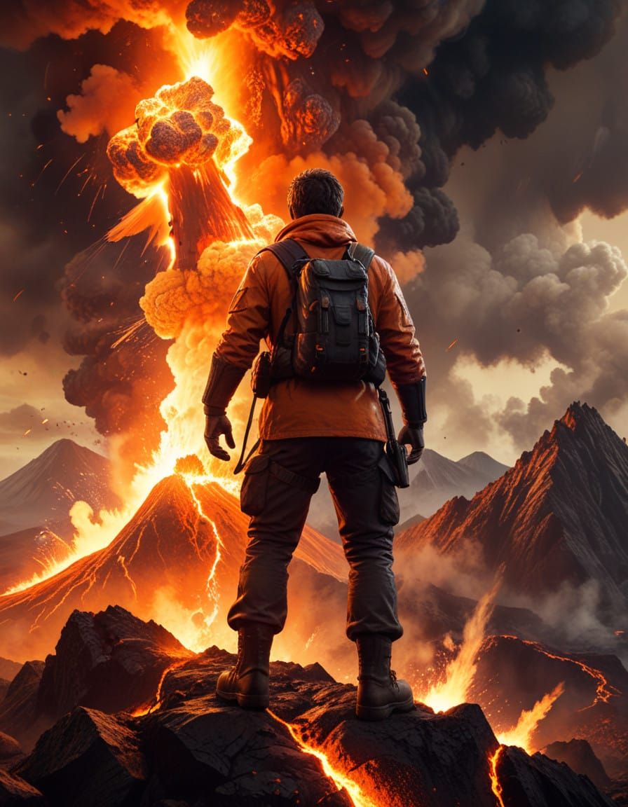Epic Adventurer Conquers Fiery Volcano in Cinematic 90s Acti...