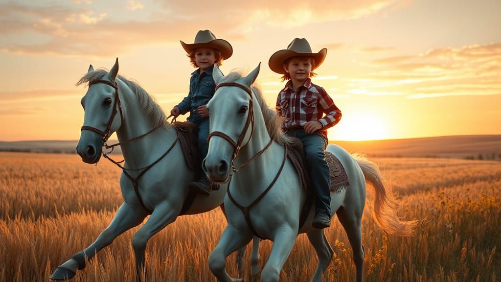 Cowboys Galloping Through Golden Fields at Sunset