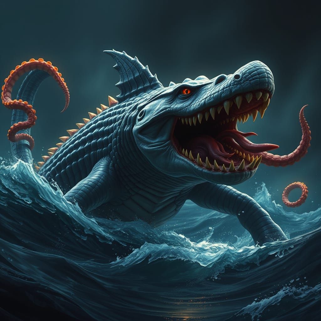 Cyberpunk Hybrid Monster Emerges from Dark Depths