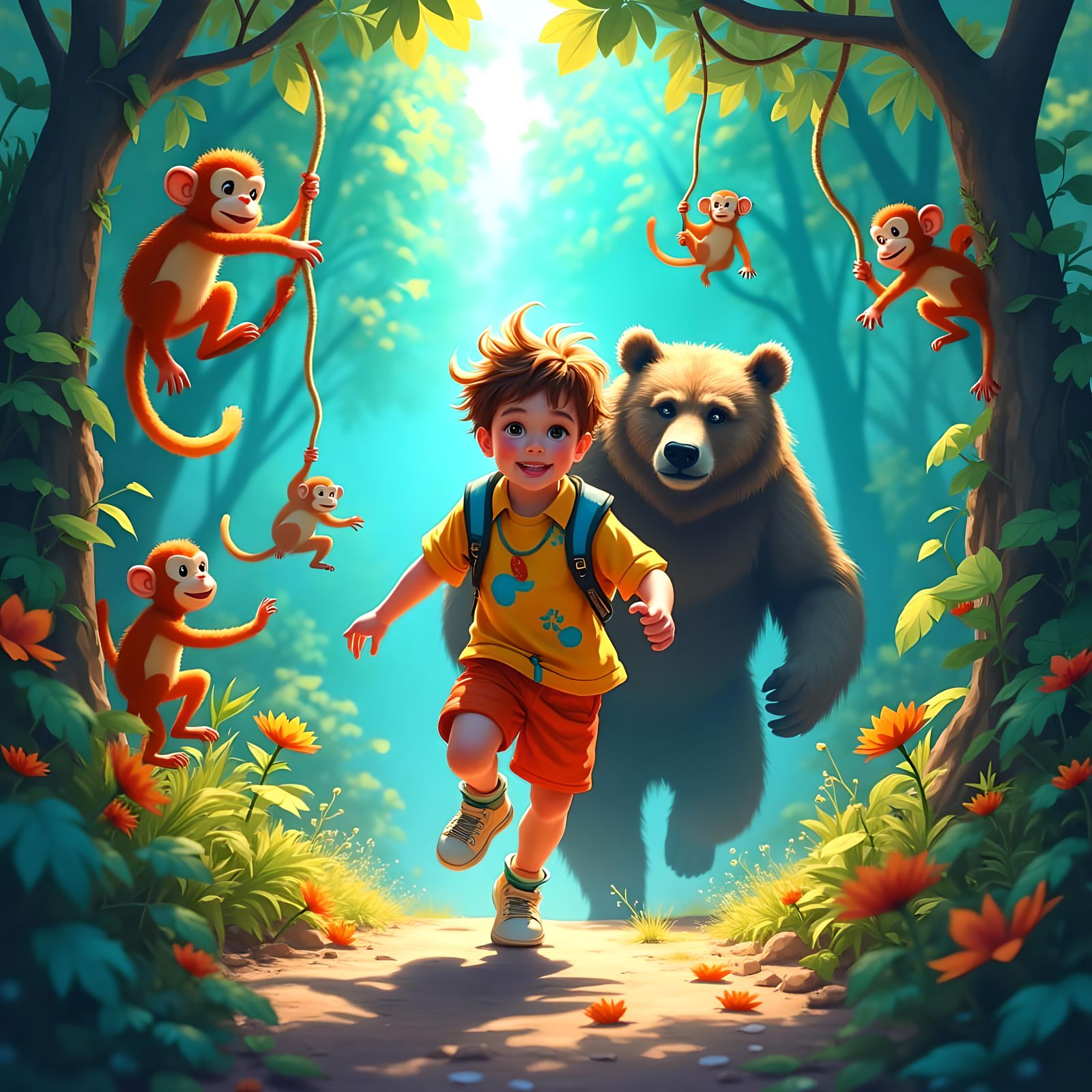 Protective Bear Rescues Child in Colorful Jungle