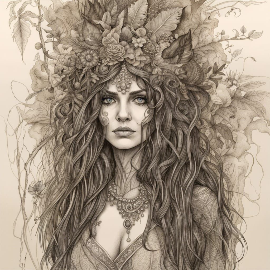 Ornate Jungle Dryad Woman in Pencil Drawing Style