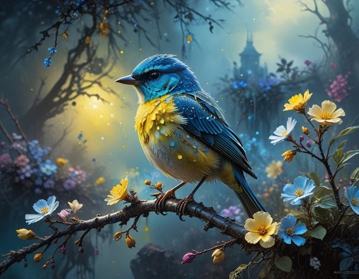 Vibrant Bird Amidst a Weathered Forest Landscape