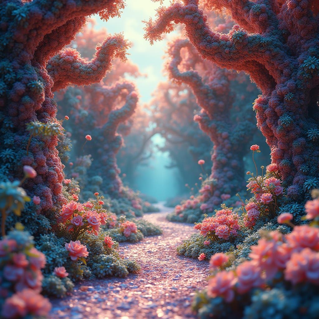 Dreamlike Wonderland Scene with Intricate Patterns and Medit...