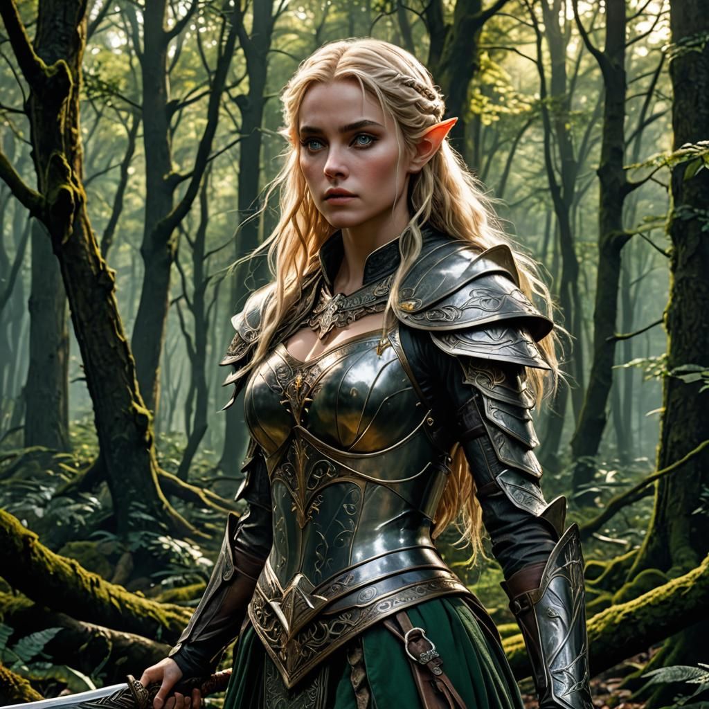 Blonde Elf Warrior Princess Portrait in Woods