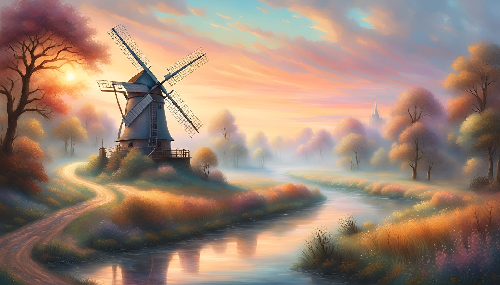 Medieval Windmill Landscape with Ethereal Sunset