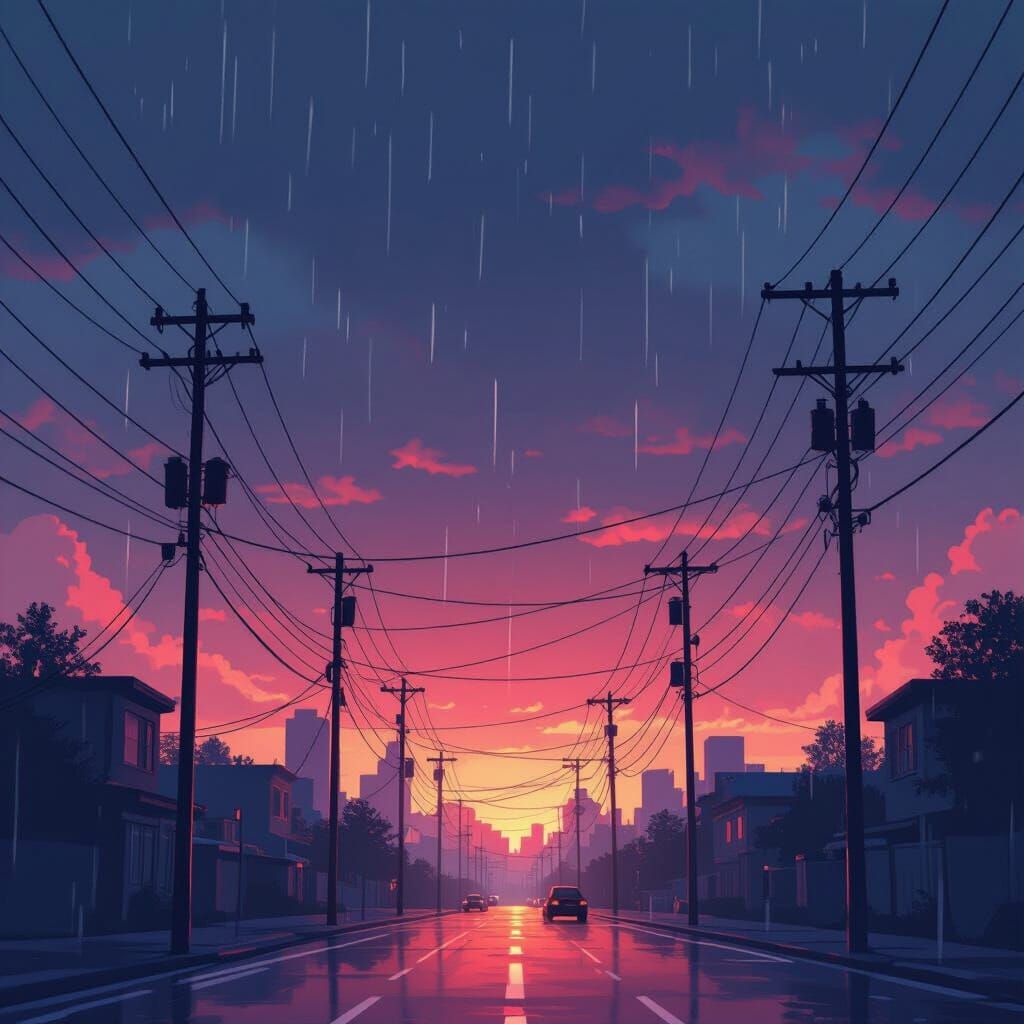 Rainy City Minimalist Lofi Power Lines Matte Painting