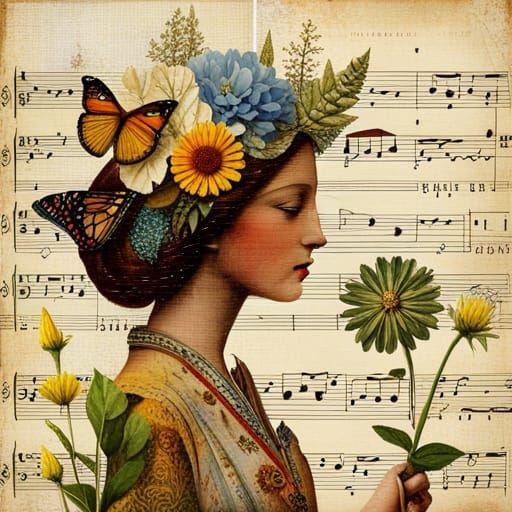 Wildflower Collage with Music Sheets in Fantasy Style