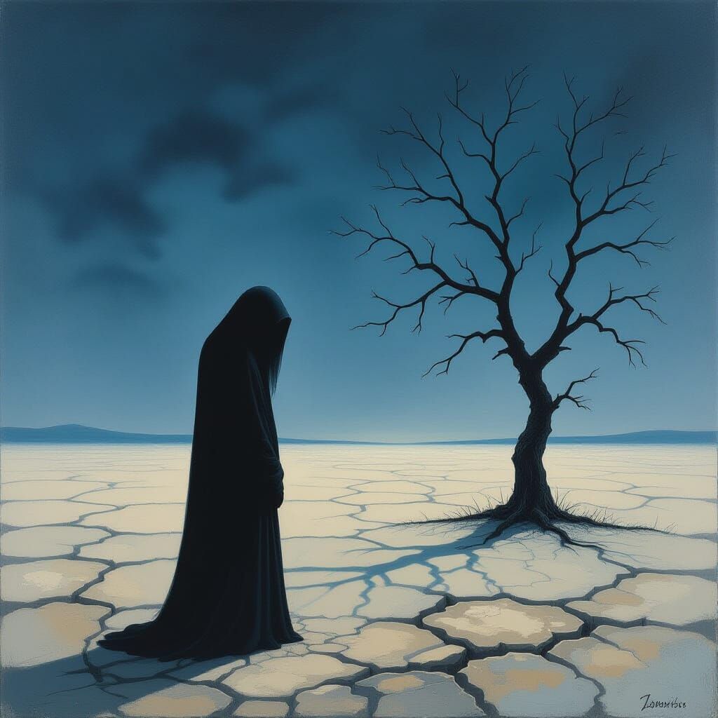 Surreal Solitary Figure in Desolate Landscape