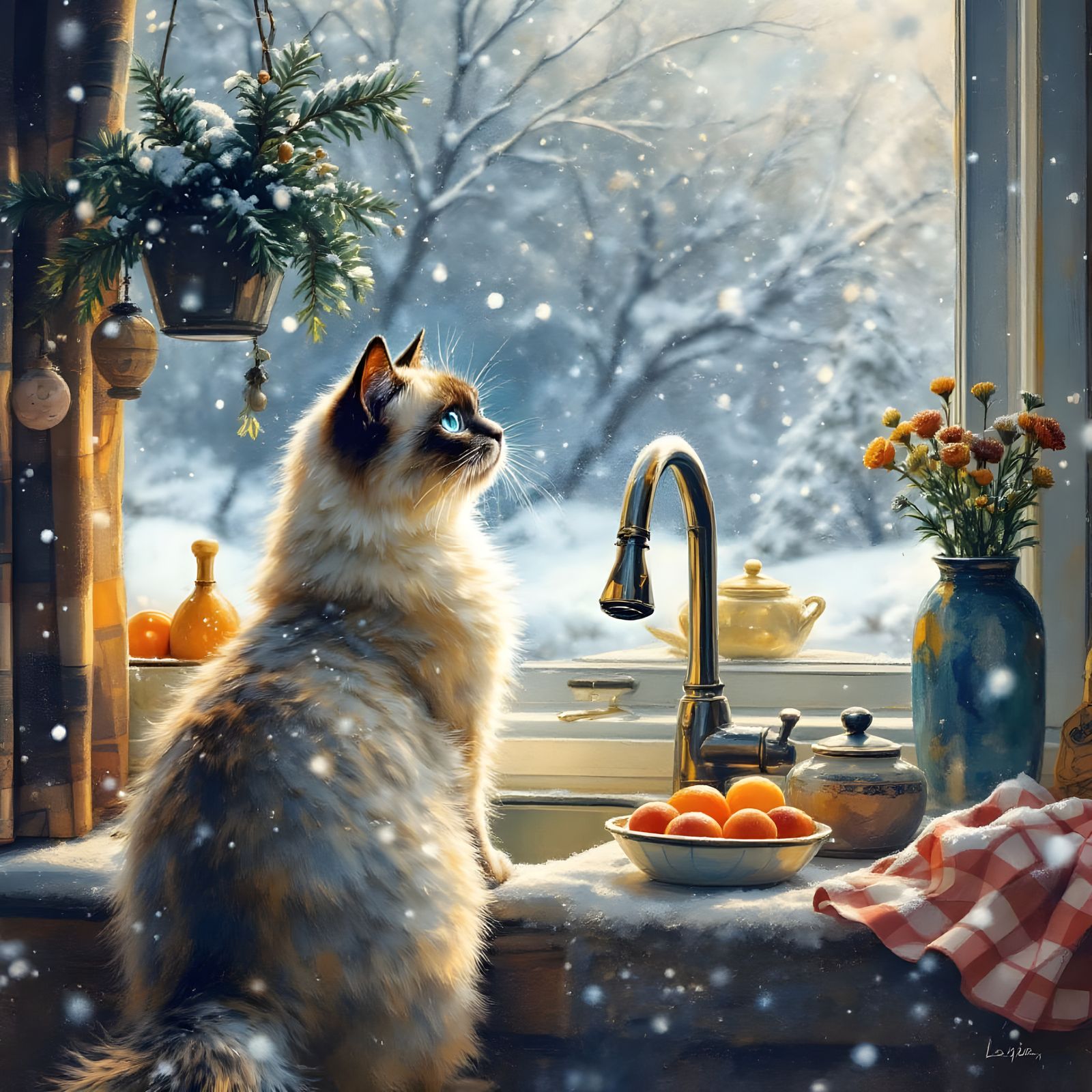 Blue Point Siamese Cat Seeks Warmth in Blizzard