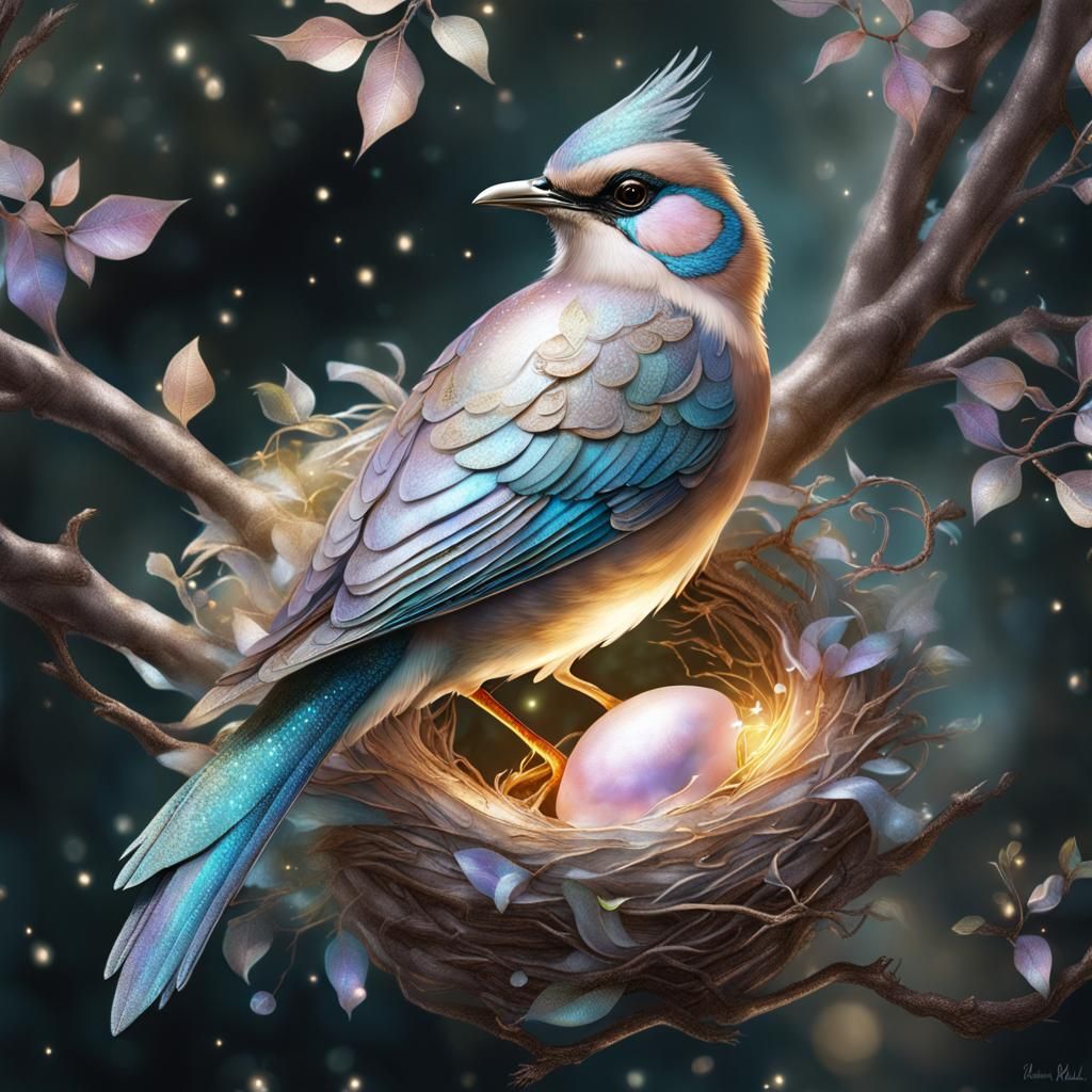 Fantastical Bird Nesting in Elven Tree