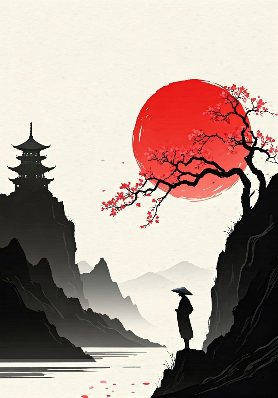 Sumi-e Landscape with Pagoda and Red Sun