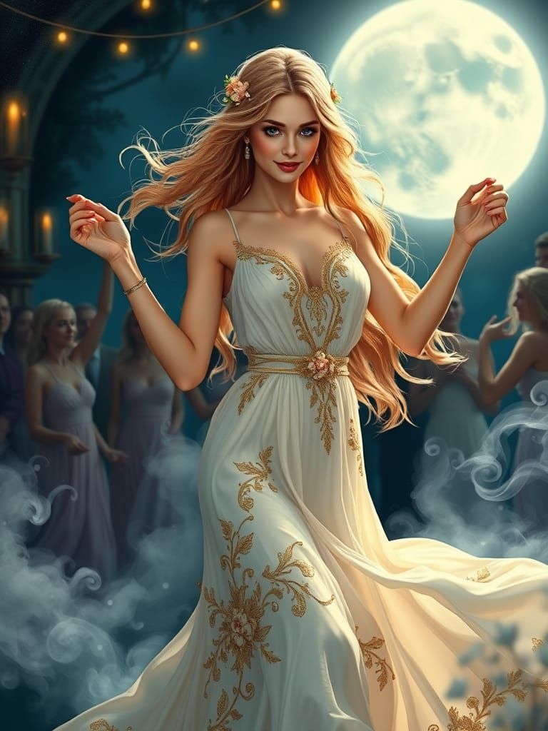 Greek Goddess Dancing in Moonlit Whimsy