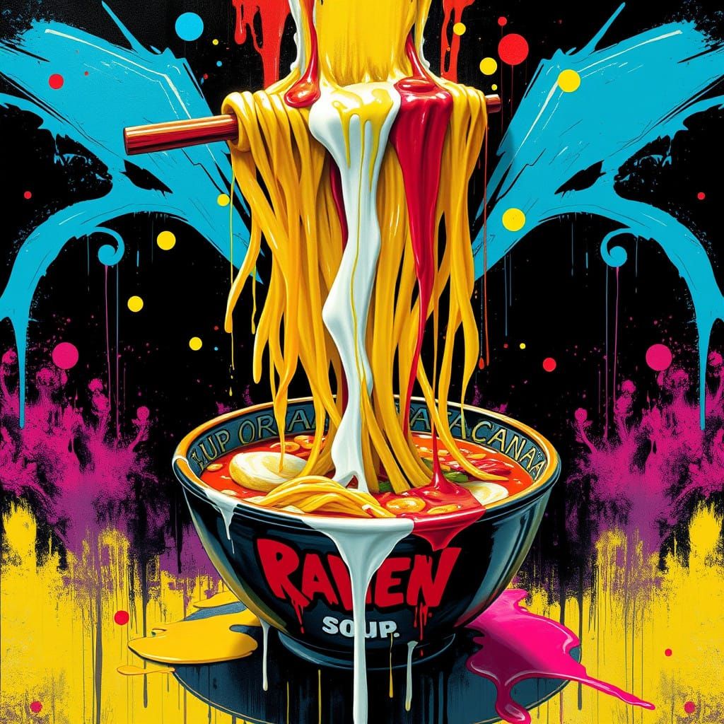 Vibrant Street Art Dystopian Scene with Ramen Soup