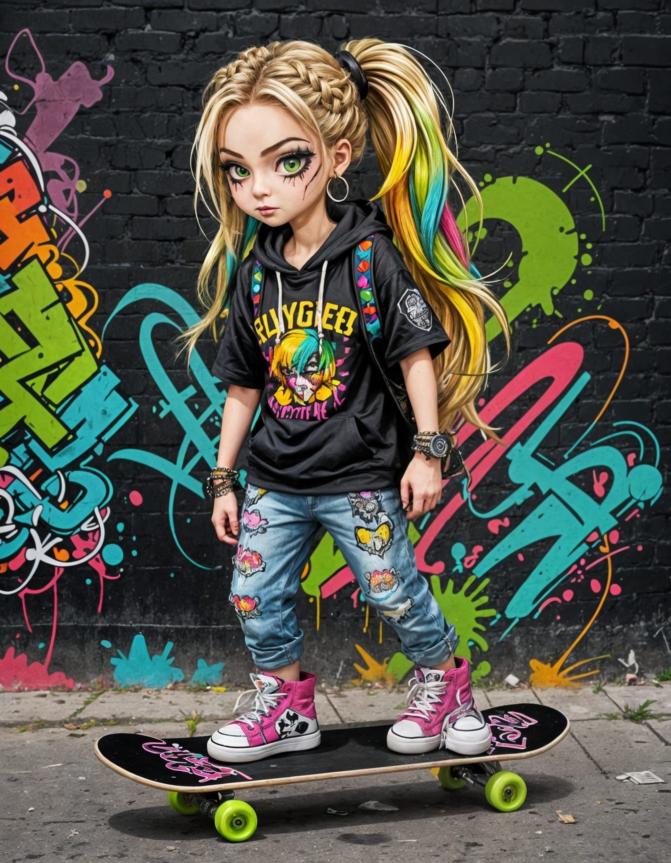 Cartoon Gangster Girl on Skateboard with Graffiti