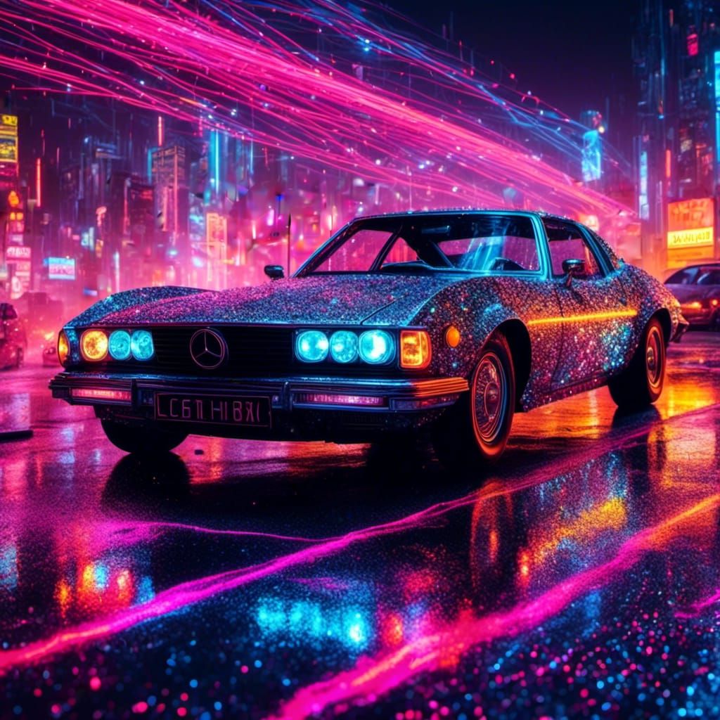 Sparkling Cyberpunk Car in Neon Collage Art