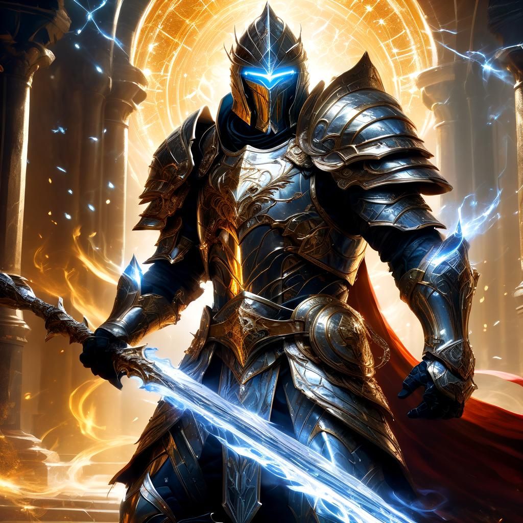 Armored Paladin Battlemage Wizard with Magic Sword