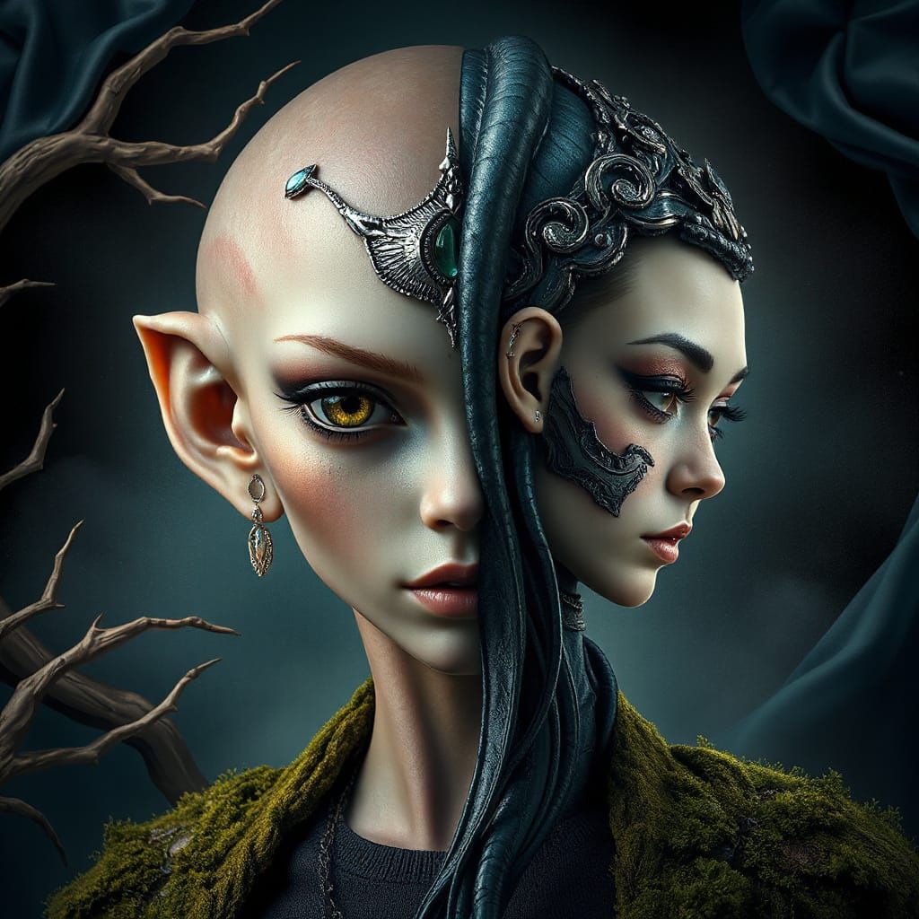 Alien Woman Split into Child and Elder, Mystical Portrait
