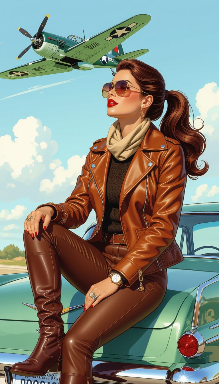 Brunette Pilot Watching Corsair Plane in Comic Book Style
