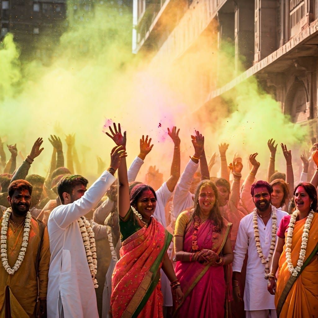 Joyful Hindus Celebrate with Colorful Powder and Jasmine Gar...