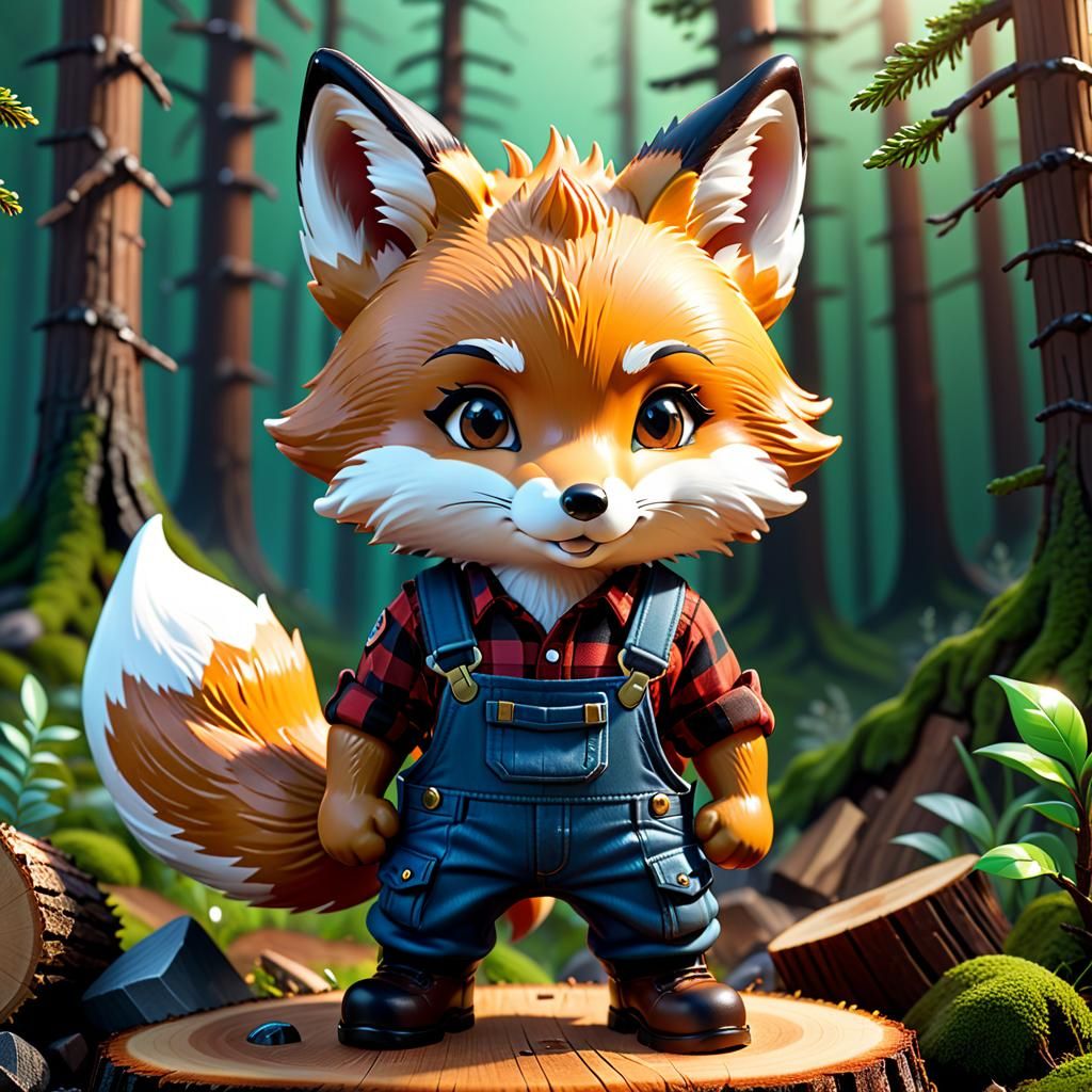 Chibi Fox Lumberjack: Hyperrealistic Digital Art