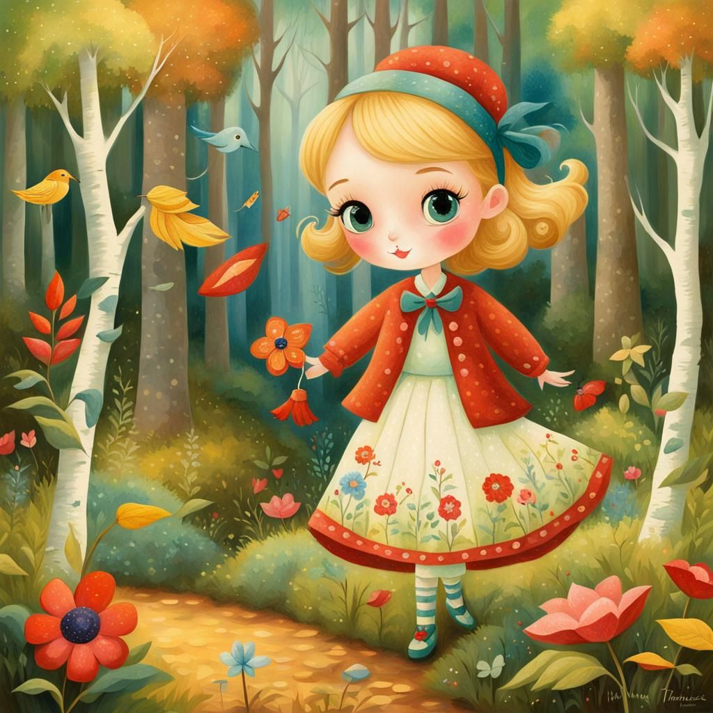 Naive Style Girl in Colorful Forest