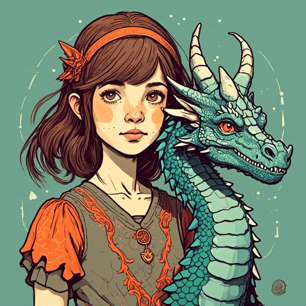 Girl with Dragon in Screen Print Style