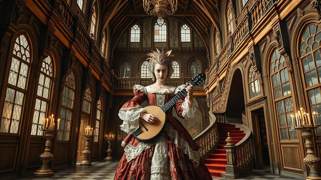 Elizabethan Beauty at Masquerade Ball with Impossible Geomet...