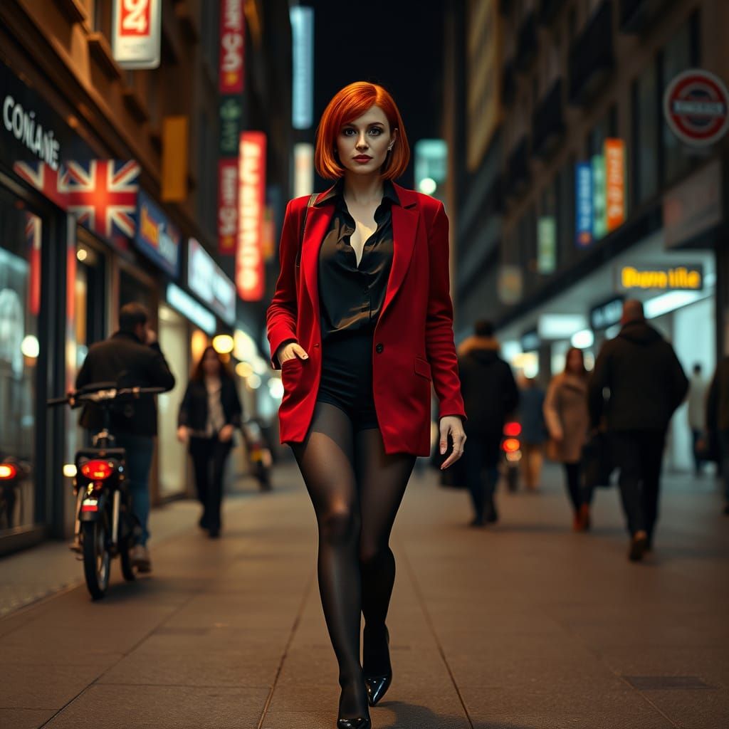 Redhead in Buenos Aires: Photorealistic Night Scene