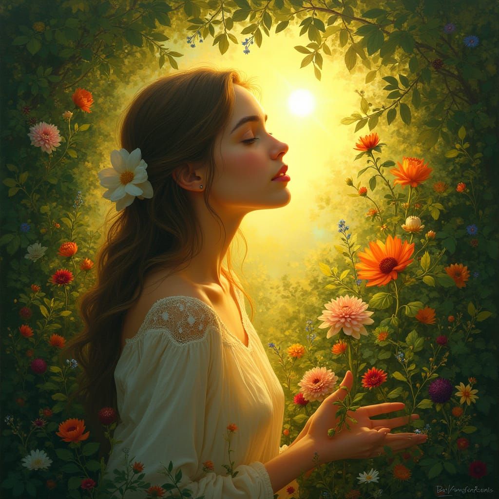 Ethereal Woman Radiant in Golden Divine Light