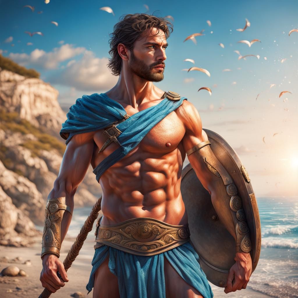 Muscular Greek Warrior on Aegean Beach