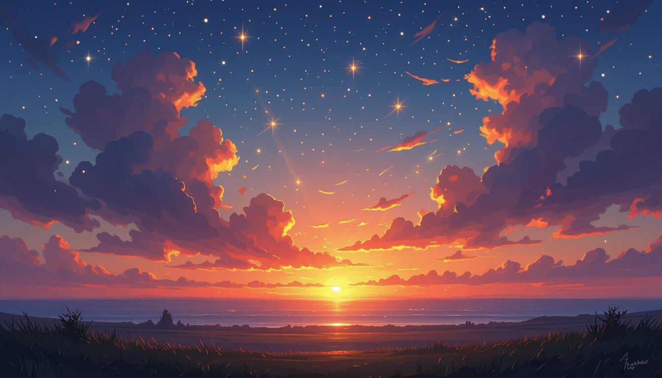 Sunset Sky Ablaze with Stars in Dramatic Oil Painting