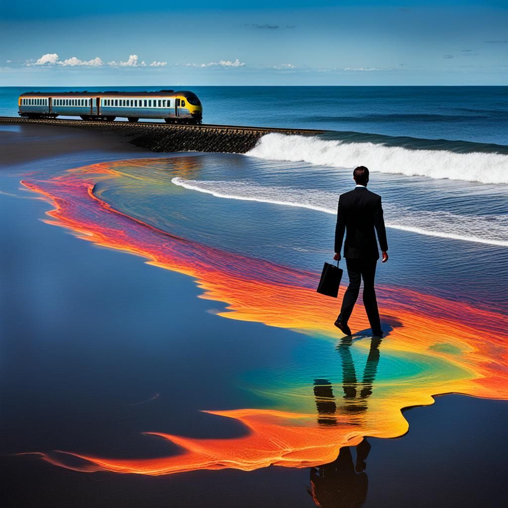 Surreal Beach Train with Vibrant Sky