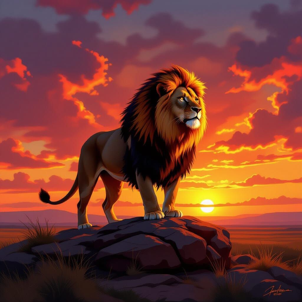 Lion with Fiery Mane at Sunset: Oil Painting Style