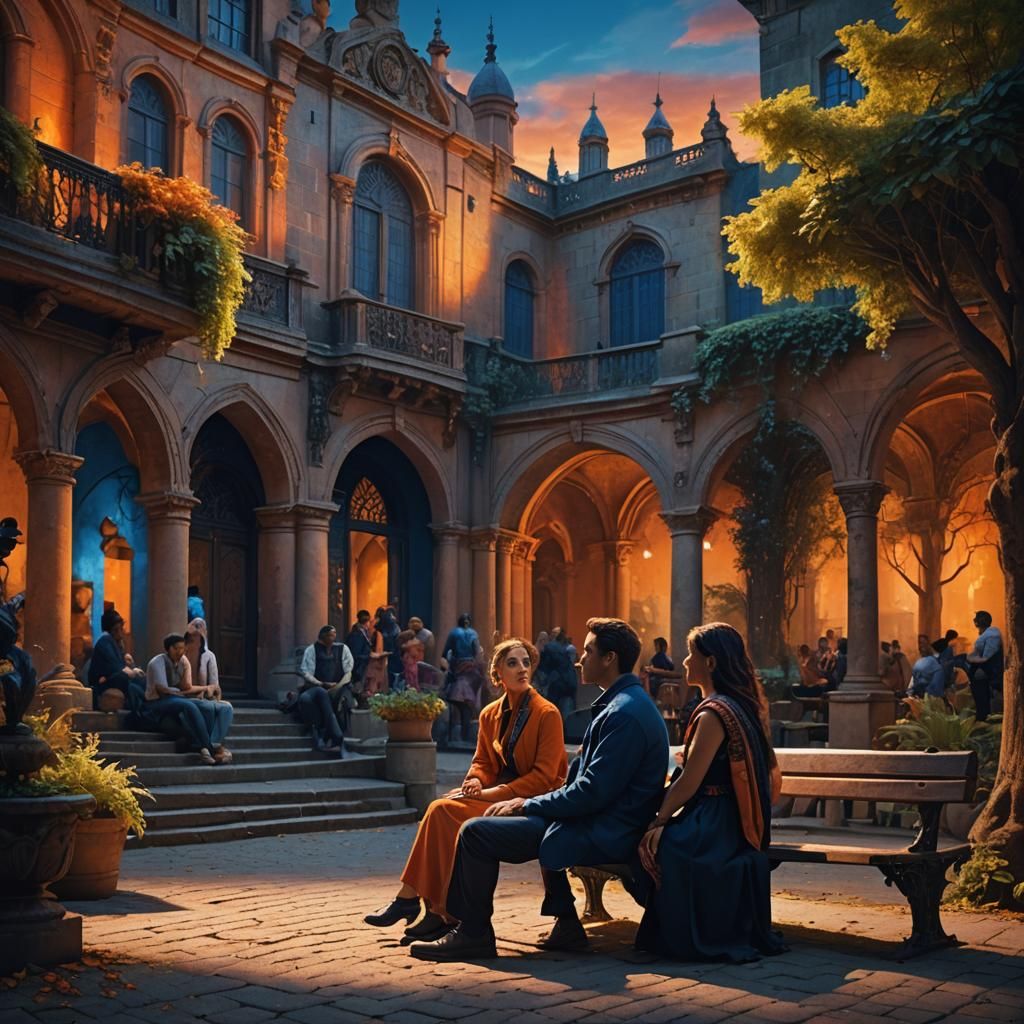 Man Observes Woman in Ornate Cityscape, Art Deco Style